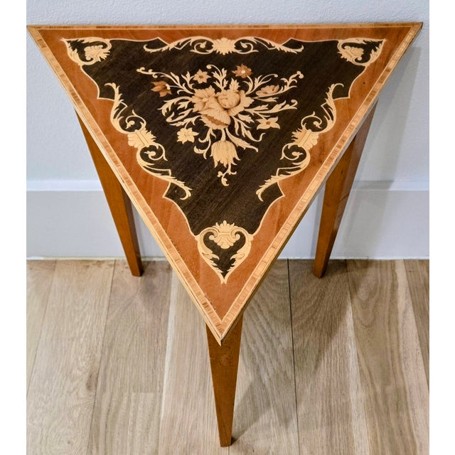 Elevate any corner with this vintage Italian Sorrento marquetry accent table, showcasing an intricate floral bouquet inlay...