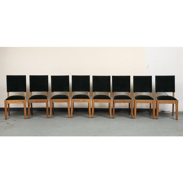 French Set of Eight French Oak Dining Chairs in Forest Green Cotton Velvet, C. 1945 For Sale - Image 3 of 18