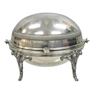 Antique English Edwardian Large Silver Plated Roll Top Warmer Chafing Dish For Sale