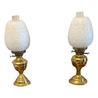 Antique Edwardian Brass Oil Lamps with Opaline Glass Shades, 1900, Set of 2 For Sale