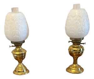 Antique Edwardian Brass Oil Lamps with Opaline Glass Shades, 1900, Set of 2