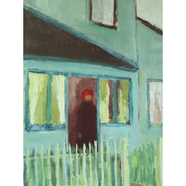 Mid-Century Modern 'Waiting at the Door' Swedish Expressive Street Scene Landscape Oil Painting, Framed For Sale - Image 9 of 11