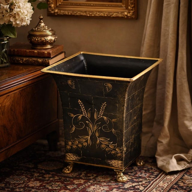 Chinoiserie 1980s Hand‑Painted Black & Gold Chinoiserie Metal Cachepot / Wastebasket With Brass Paw Feet - Palm Beach Chic, Grandmillennial & Traditional . For Sale - Image 3 of 10