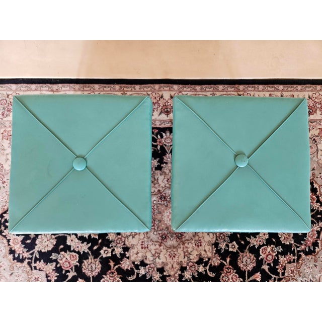 Mid-Century Modern A Pair of Retro Mod Turquoise Vinyl Foot Stools With Steel Hairpin Legs For Sale - Image 3 of 4