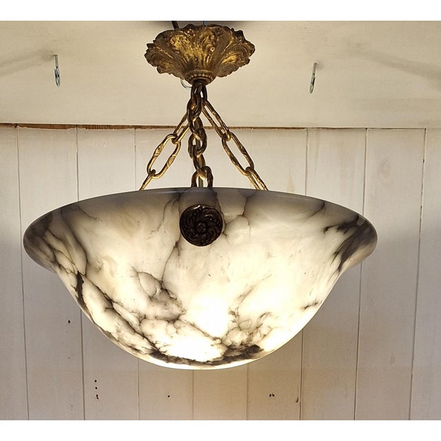 Art Deco French Ceiling Lamp with Domed Alabaster Bowl on Brass Mount, 1920s For Sale - Image 6 of 9