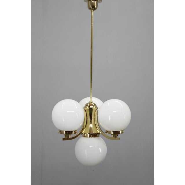 Art Deco Brass Chandelier with Opaline Glass, Czechoslovakia, 1930s For Sale - Image 3 of 11