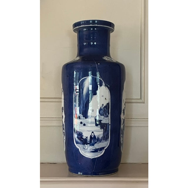 Antique Early 18th Century Chinese Powder Blue Kangxi Period Porcelain Rouleau Vase Circa 1700 For Sale - Image 13 of 18