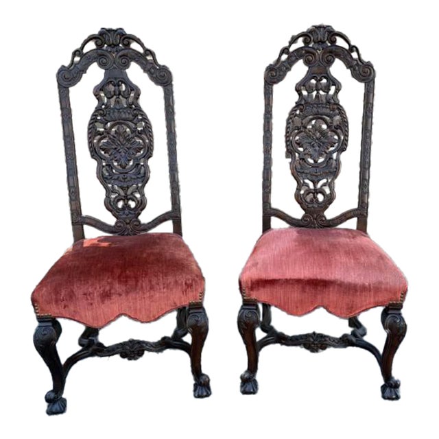 Pair of Antique Anglo-Dutch 19th Century Walnut Carved High Back Hall Chairs For Sale