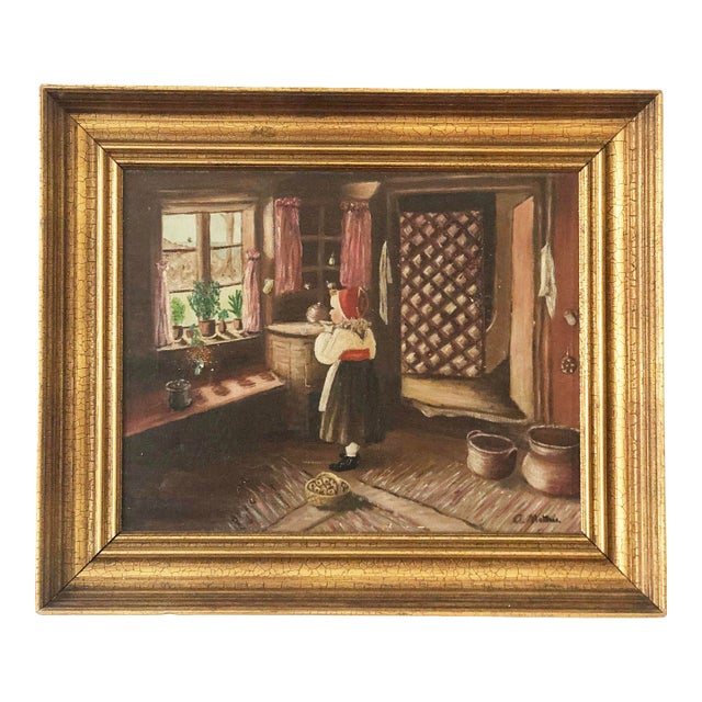 Vintage Original Cottage Interior Oil Painting, Farmhouse Art by C. Anders For Sale