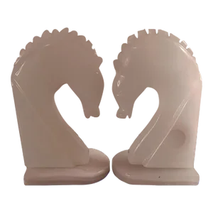 Vintage Pair of Handcarved Solid White Onyx Horse Bust Bookends