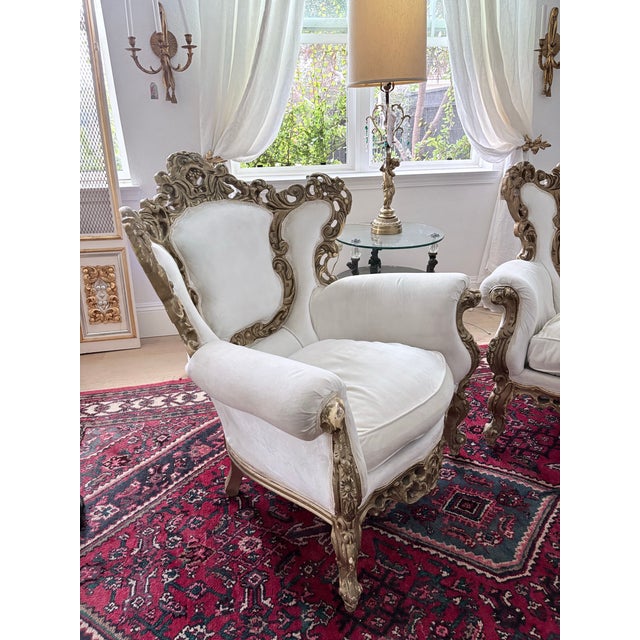 Late 20th Century Pair of Ornate Rococo Revival Gilt Carved Armchairs Down Filled For Sale - Image 12 of 12