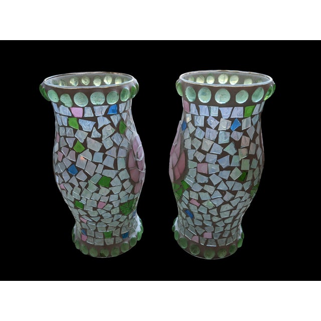 Vintage Mosaic Glass Rose Flower Glass Hurricanes- A Pair For Sale - Image 9 of 14