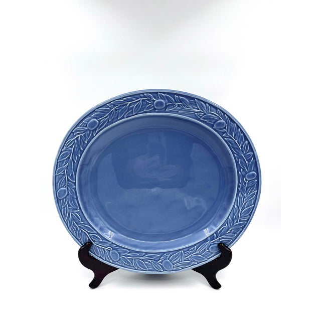 Vintage Blue Bordallo Pinheiro Majolica Style Blue Oval Serving Platter With Embossed Olive Branch D For Sale In New York - Image 6 of 9
