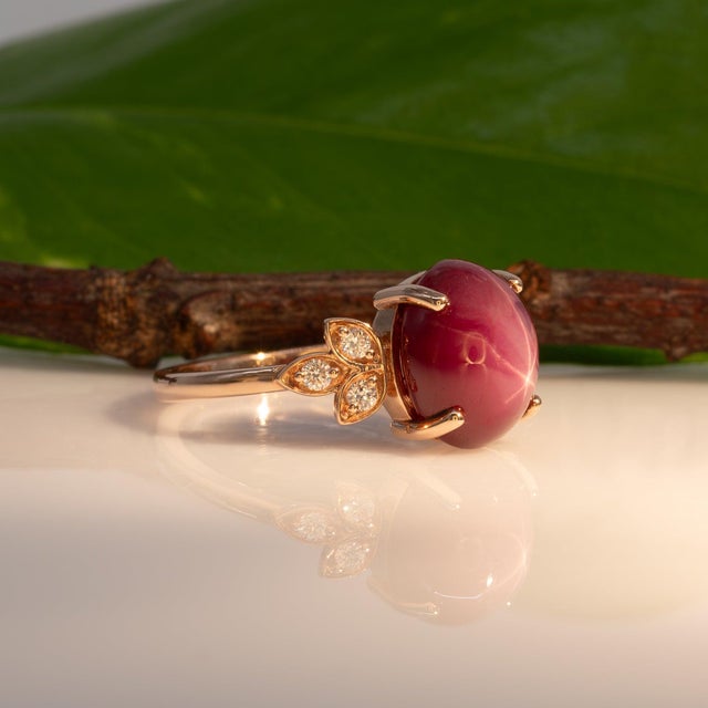 Red 6Ct Star Ruby Cabochon Ring With Diamond Accents: Solid 14k Gold, Size 6.75 For Sale - Image 8 of 10