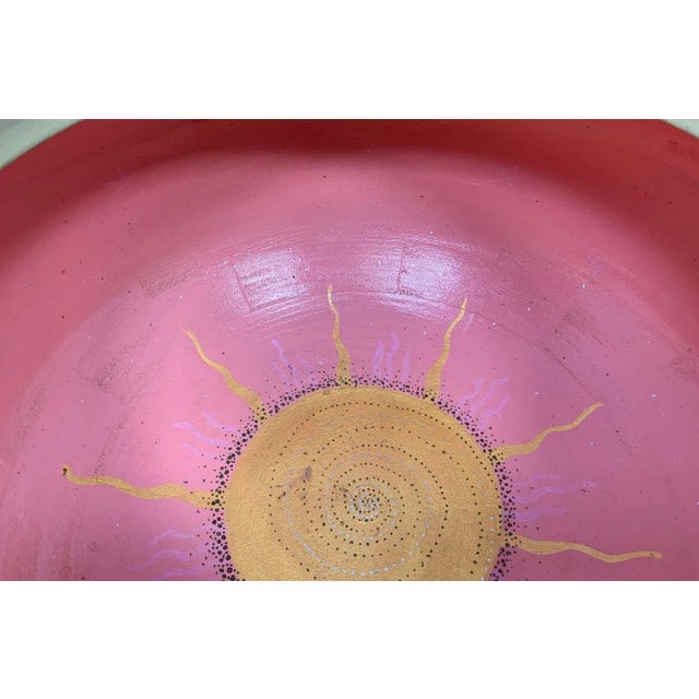 Huge 17" Diameter Carved Wooden Bowl With Painted Interior For Sale - Image 10 of 12