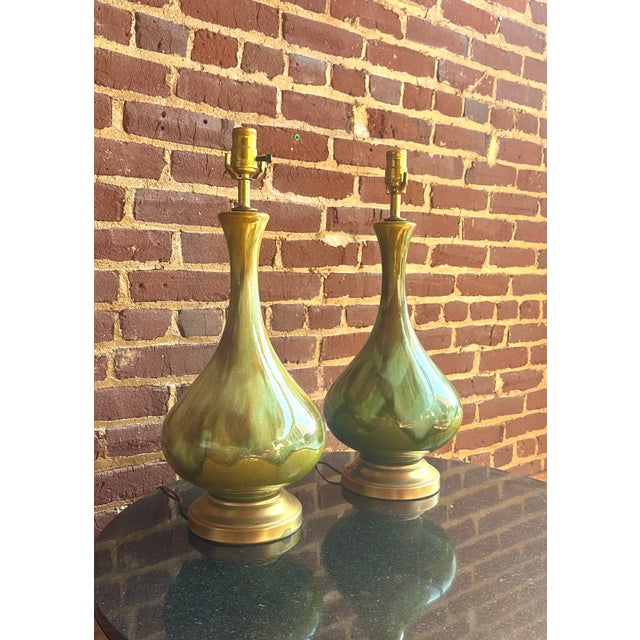 Pair of Mid Century Drip Glaze Pottery Lamps For Sale - Image 4 of 10