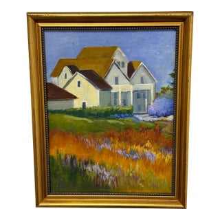 Impressionist Painting of White House in Flower Field, Framed For Sale