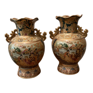 Antique Pair of Japanese Gold Gilt Hand Painted Royal Satsuma Vases