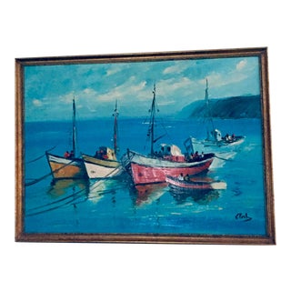 Vintage Mid Century Modern Boats in a Harbor Signed Framed For Sale