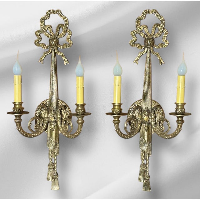 1900 Ribbon and Tassel Brass Sconces - a Pair For Sale - Image 4 of 9