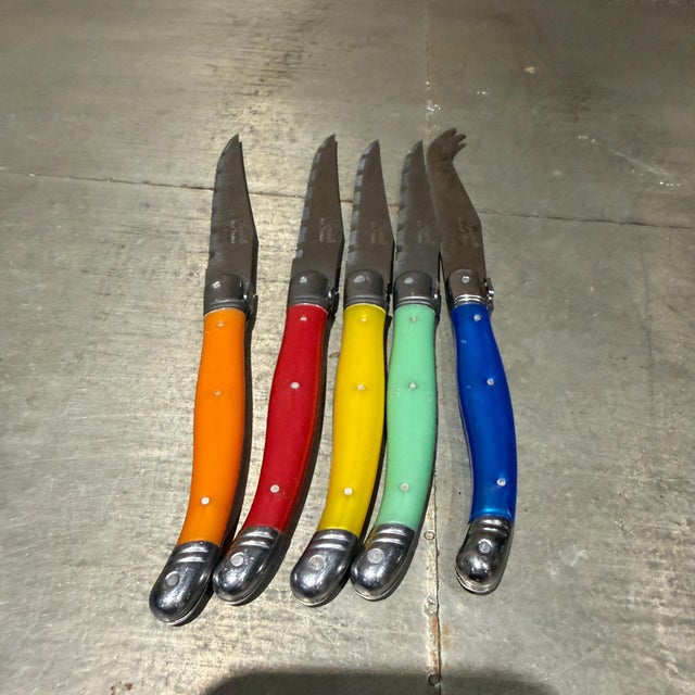 For your consideration, colorful multi-piece Laguiole-style knife, set of (5). Stamped Laguiole Steak Knife Set featuring...
