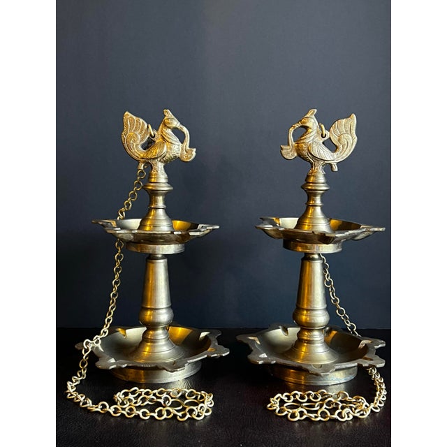 Vintage Pair of Hanging Two Tiered Brass Peacock Diyas For Sale - Image 12 of 12