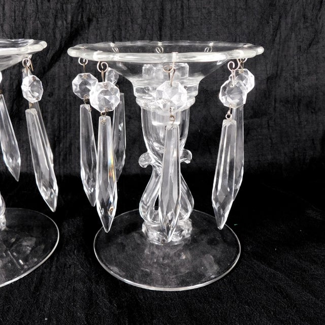 1930s Pair of Glass Candlesticks Lusters With Crystal Prisms For Sale - Image 4 of 4