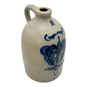 Antique Fancy Large Cobalt Blue Hand Decorated American 2 Gallon Stoneware Spirits Jug Late 19th Century