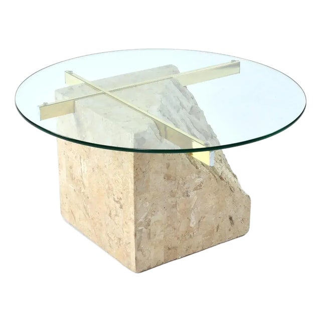 Round Glass Topped Tessellated Stone Brass Cantilever Coffee Table or Side Table For Sale