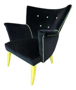 1950s Guillermo Eyelash Wing Chair in Black Velvet and Yellow Neon