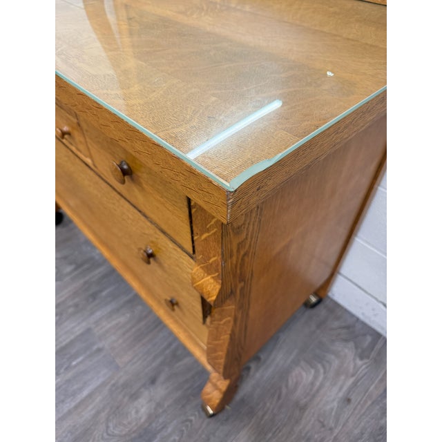 Antique American Empire Revival Oak Lowboy Dresser Chest of Drawers With Mirror For Sale - Image 12 of 18