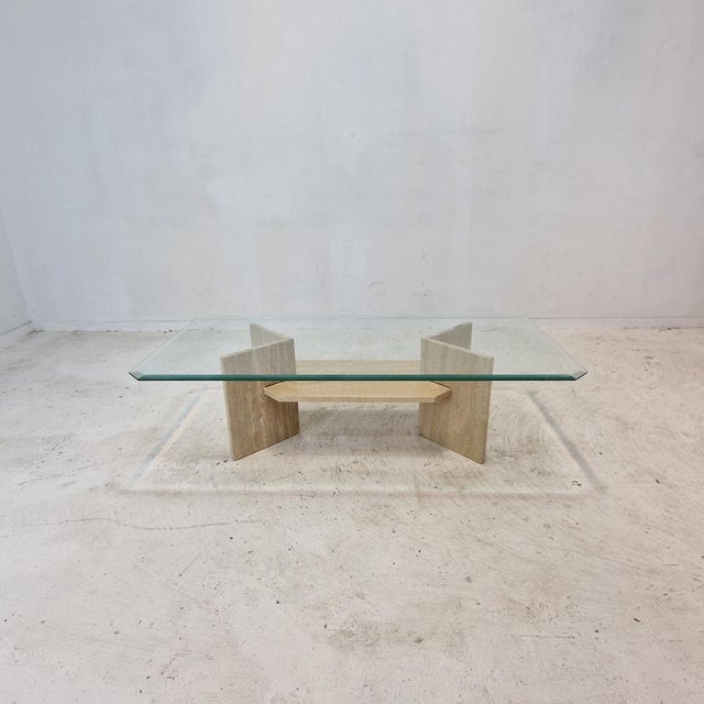 Italian Coffee Table in Travertine and Facet Cut Glass, 1980s For Sale - Image 14 of 14