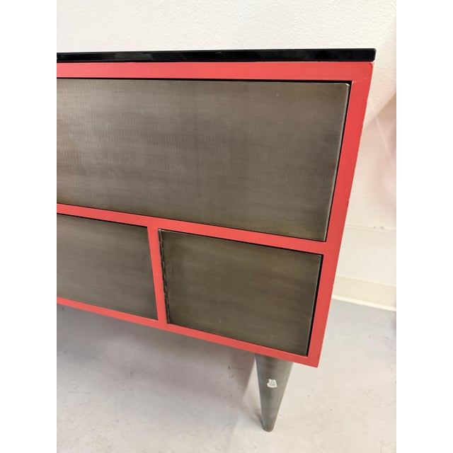1990s Custom 11 Drawer Credenza in Red with Brushed Steel Doors and Black Glass Top For Sale - Image 16 of 17