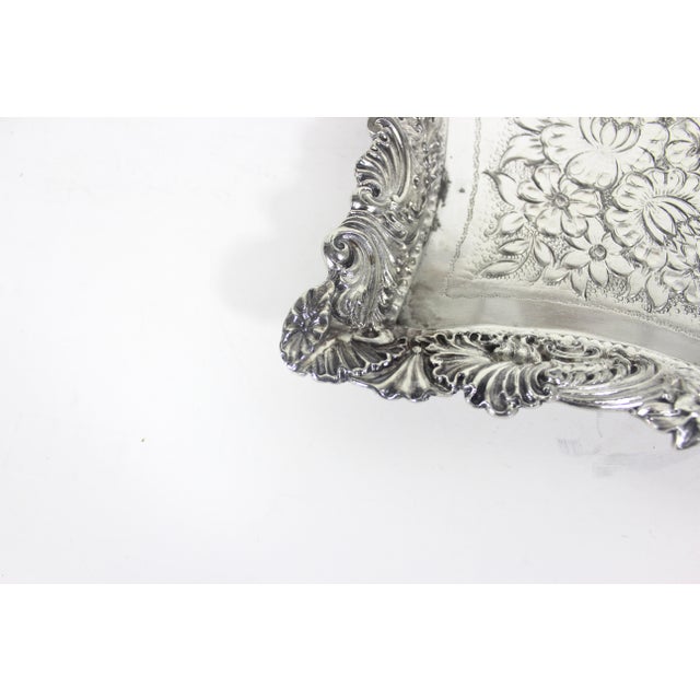 English Ornate Silver Plated Square Tray Platter Vintage Plate Embossed Chased Serving For Sale - Image 3 of 14