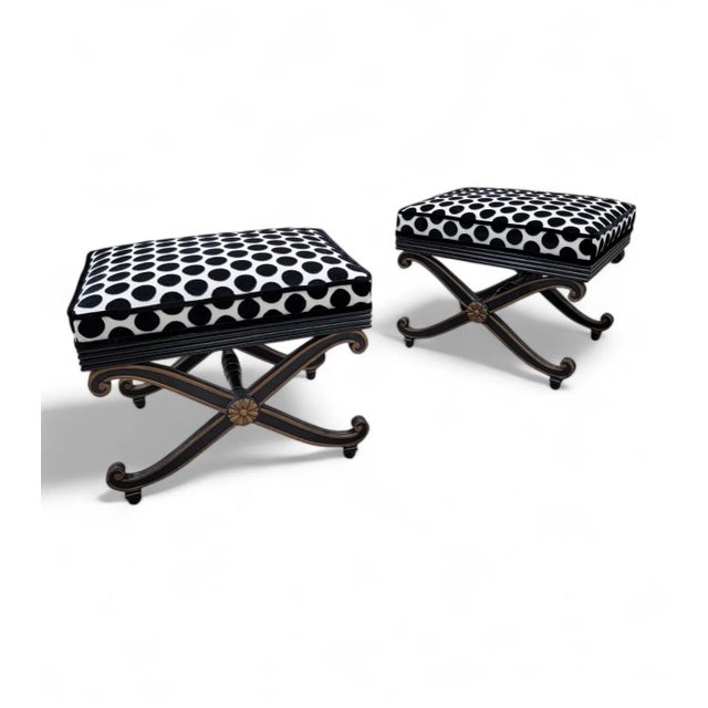 Wood Vintage French Regency Style Ottomans With Ebonized Scrolled Bases, Newly Reupholstered – Pair For Sale - Image 7 of 7