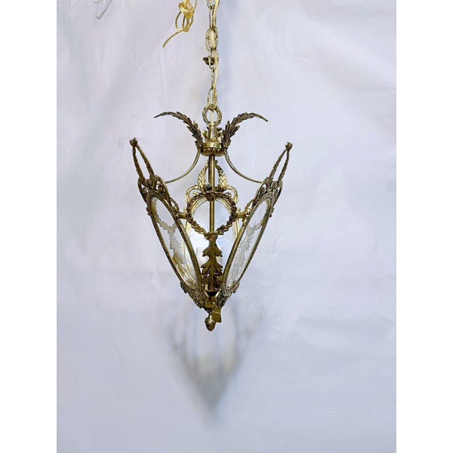 Bronze Vintage Bronze Lantern With Etched Glass Panels For Sale - Image 8 of 17