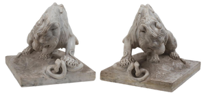 Late-19th Century French School Marble Lions, Set of 2