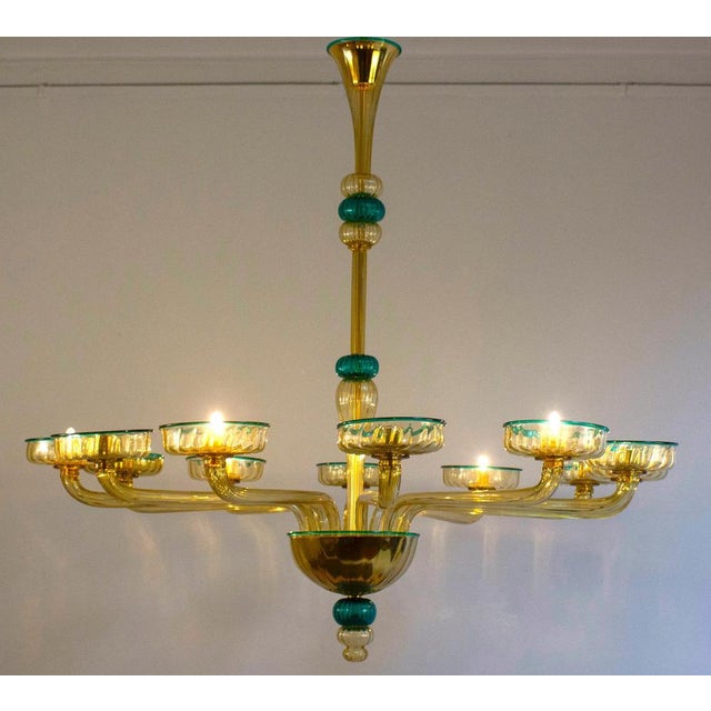 1970s Chandelier in Amber and Emerald Hand Blown Glass attributed to Venini, 1970s For Sale - Image 5 of 14