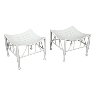 Pair of Vintage English Egyptian Revival White Thebes Stools with Curving Seats For Sale