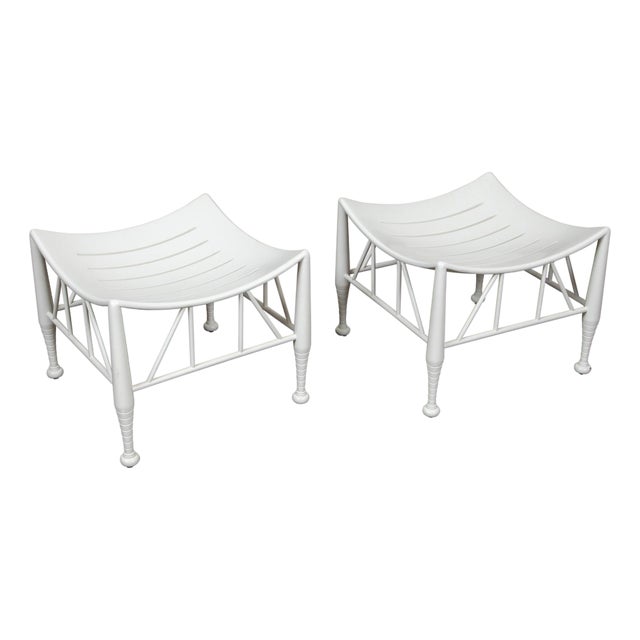 Pair of Vintage English Egyptian Revival White Thebes Stools with Curving Seats For Sale