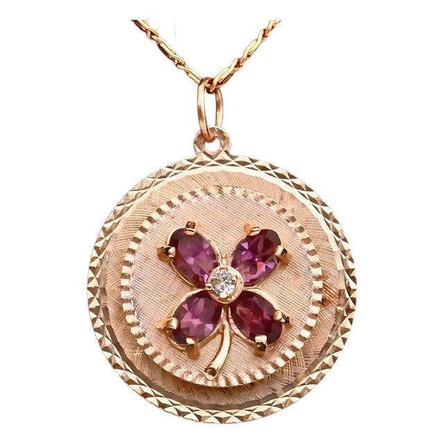 Vintage 14k Amethyst and Diamond Four Leaf Clover Good Luck Charm Pendant, 1950s For Sale