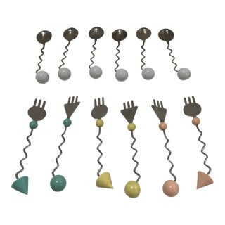 Set of 12 Memphis Style 1980s Dessert Forks & Spoons – Postmodern Flatware For Sale