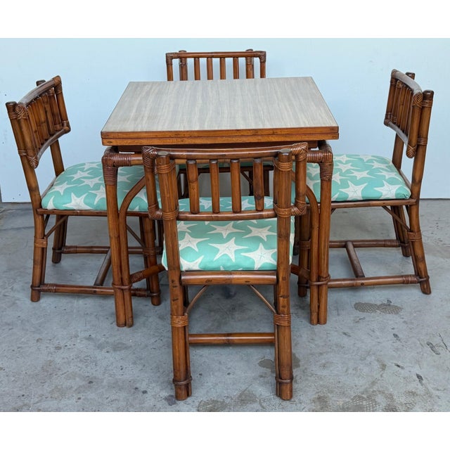 Ficks Reed Expandable Bamboo Game and Dining Table with Four Matching Chairs, 1960s USA, Circa 1960s Total Pieces: 5 A...