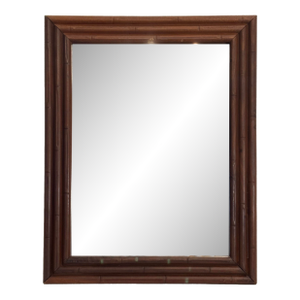 Vintage Hollywood Regency Embossed Faux Bamboo Wood Walnut Stained Wall Mirror