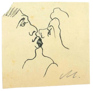 Mino Maccari, The Kiss, Ink Drawing, Mid-20th Century
