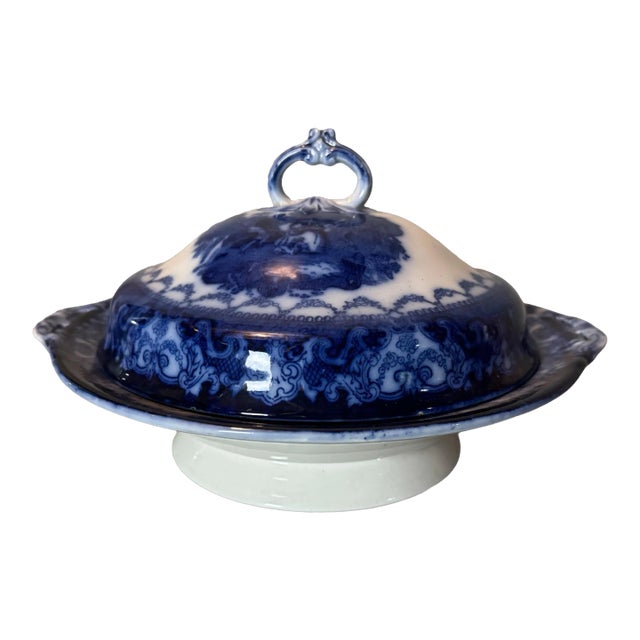 Antique English Watteau Flow Blue Porcelain Covered Serving Dish Tureen For Sale