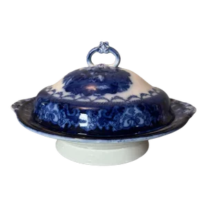 Antique English Watteau Flow Blue Porcelain Covered Serving Dish Tureen