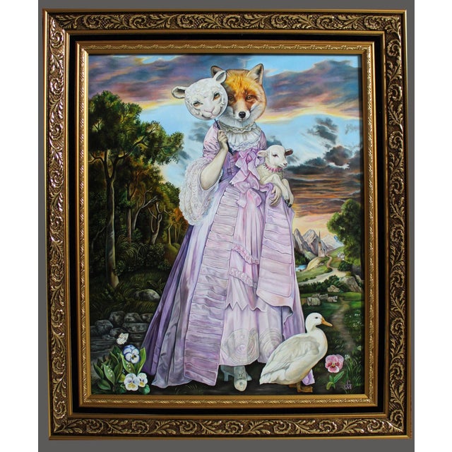 This artwork presents a figure dressed in an elaborate lavender gown, holding a lamb and wearing a whimsical mask of a...
