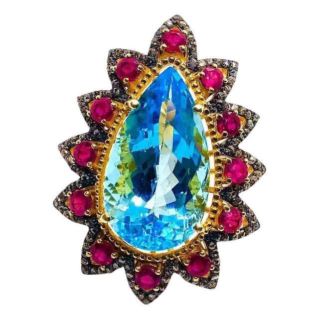 Bochic “Capri” Vintage Ruby, Blue Topaz & Diamond Ring Set In 18K Gold & Silver For Sale