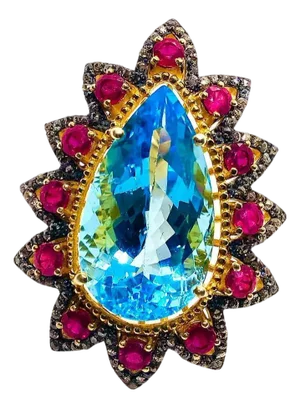 Bochic “Capri” Vintage Ruby, Blue Topaz & Diamond Ring Set In 18K Gold & Silver